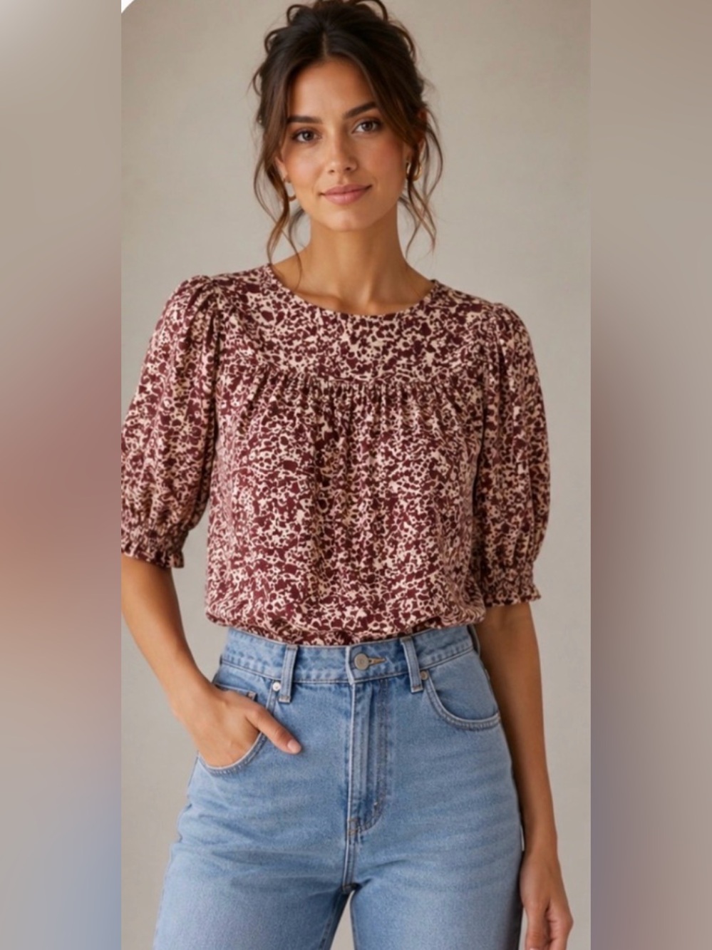 Anthro Nation LA cotton smart & sexy Cream and Mauve‎ Floral Puff Sleeve top S